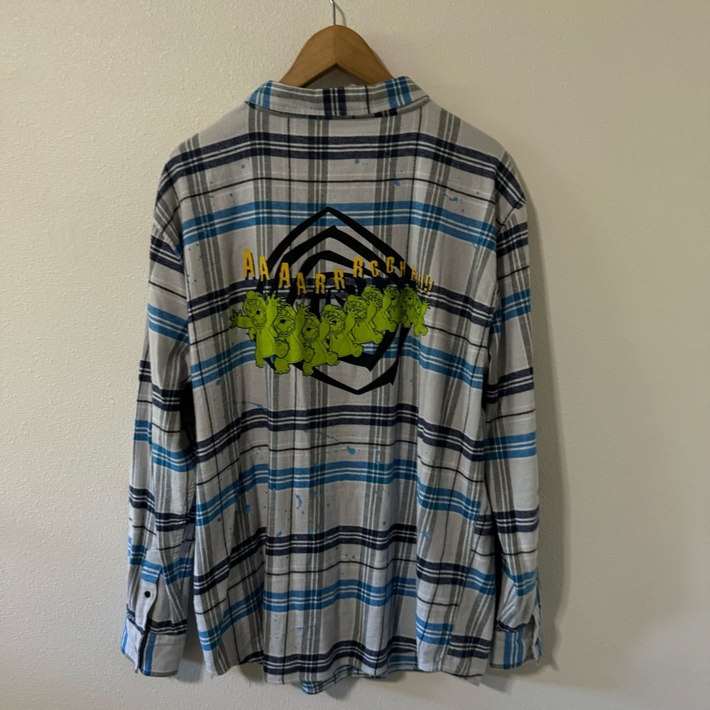 Disney Sttich Paint Splatter Flannel Button Up Shirt Blue Gray Oversized-Large
